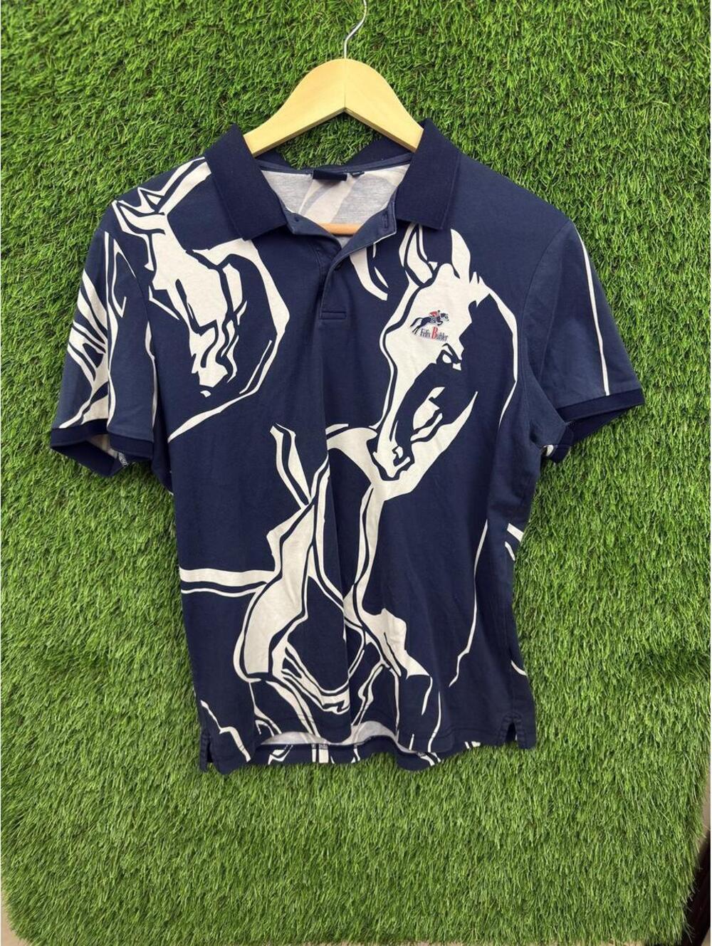 Felix Bühler Horse Equestrian All Over Graphic Navy Polo Shirt Size M